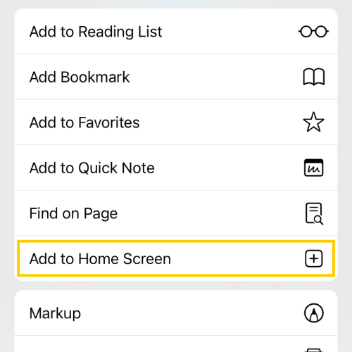 Screenshot of add to homescreen option